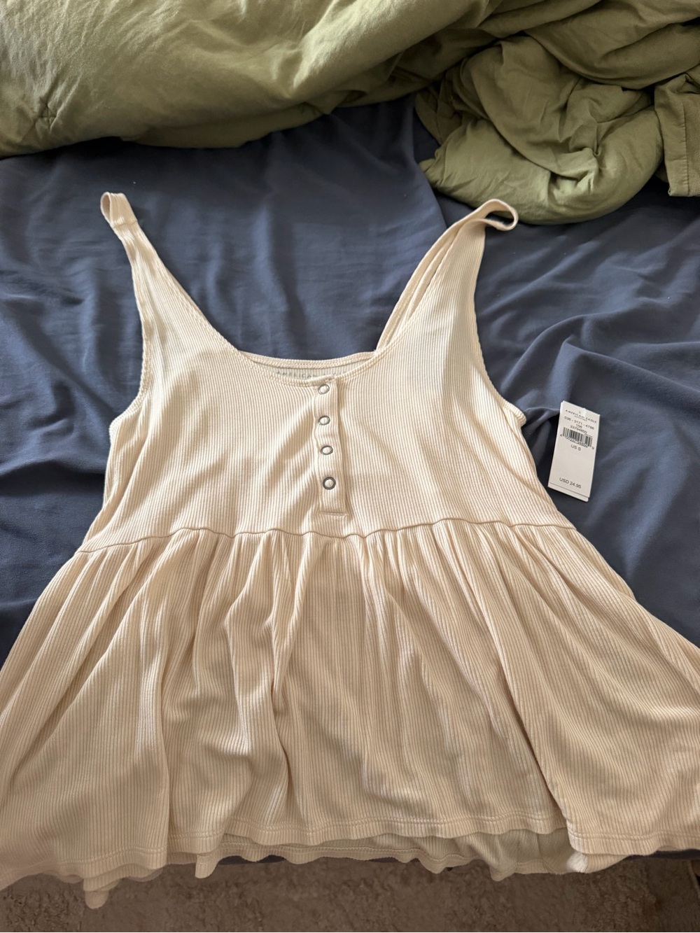 American Eagle Outfitters Cream Ribbed Babydoll Tank Top